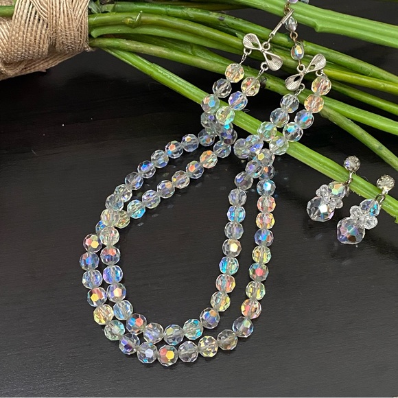 Vintage Unsigned Aurora Borealis Double Strand Statement Necklace & Earrings Set - Picture 4 of 13